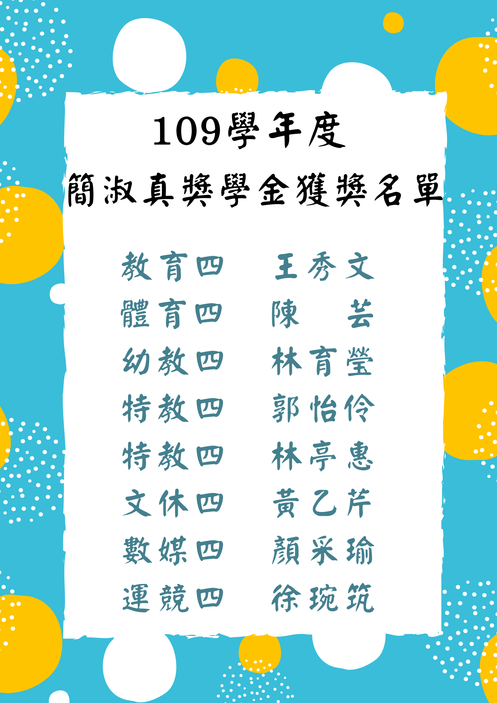 109學年度簡淑真奬學金獲奬名單海報