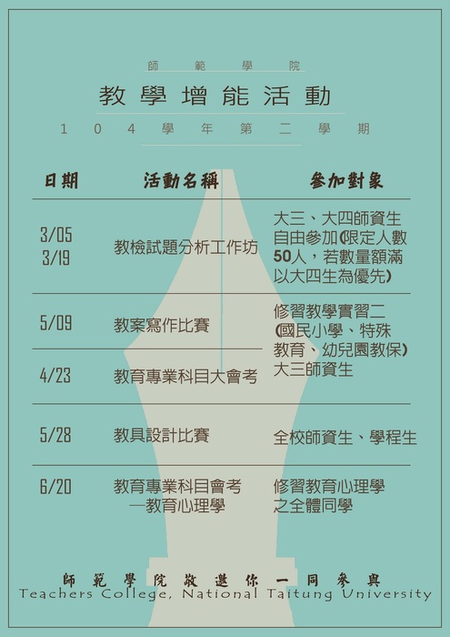 【師範學院】104學年第2學期教學增能活動一覽表(已更新)，歡迎同學們踴躍參與圖片