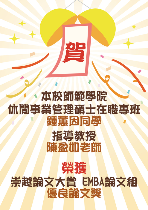 【師範學院】恭賀本校師範學院 休閒事業管理碩士在職專班 鍾蕙因同學與指導教授陳盈如老師，榮獲《崇越論文大賞 》EMBA優良論文組 優良論文獎圖片